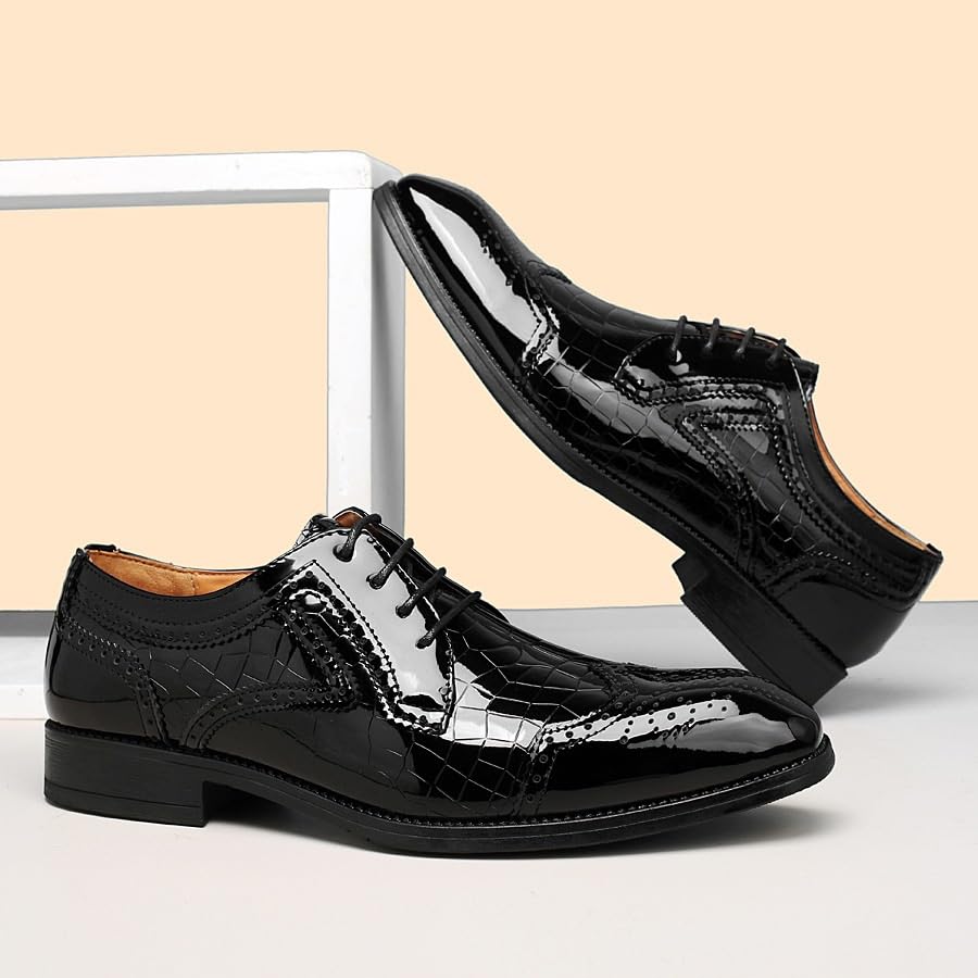 Men's Classic Oxfords Shoes Casual Formal Dress Lace-up Patent Leather Wedding Business Tuxedo Brogue Shoes3