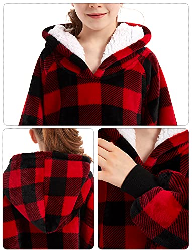 Image of KFUBUO Wearable Blanket Hoodie for Kids With Pocket, 6-10 Year Old, Plaid | Sherpa, Heavy Material, Oversized Sweatshirt Blanket, Kids Blanket, Girl Boy Gifts, Hooded Blanket Kids, Cozy Gifts for Kids
