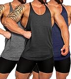 Lehmanlin Herren Fitness Stringer Muskel Tank Top, Gym Workout Achselshirts Y-Back,Bodybuilding Muskelshirts Männer Schnell Trocknend (3er-Pack: Grau + Schwarz + Blau, XL)