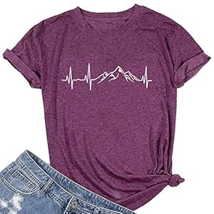 Mountain-Heartbeat-T-Shirts-for-Women-Casual-Hiking-Athletic-Short-Sleeve-Camping-Travel-Graphic-Tees-Tops Mountain Tshirts Shirts for Women Hiking Graphic Tees Funny Print Crewneck Shirts Cute Vintage Summer Tops Short Sleeve Casual Tees Novelty Tshirts Purple,M