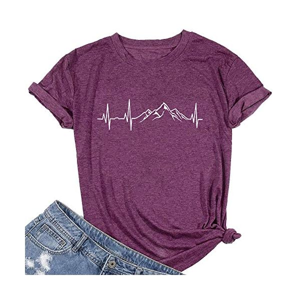 Mountain-Heartbeat-T-Shirts-for-Women-Casual-Hiking-Athletic-Short-Sleeve-Camping-Travel-Graphic-Tees-Tops Mountain Tshirts Shirts for Women Hiking Graphic Tees Funny Print Crewneck Shirts Cute Vintage Summer Tops Short Sleeve Casual Tees Novelty Tshirts Purple,M