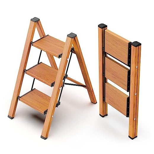 WOA WOA 3 Step Ladder, Lightweight Aluminum Stepladder with Wide Pedal, Anti-Slip Portable Folding Ladders, Multi-Use Step Stool for Home Kitchen Office 330lbs - Wood Grain