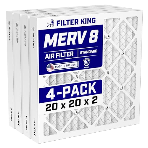 Filter King 20x20x2 Air Filter (MERV 8) (4-Pack) Dust & Allergy Control AC Furnace Filters, MADE IN USA, HVAC, Pleated, Electrostatic (Actual Size: 19.5 x 19.5 x 1.75)