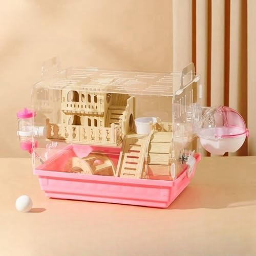 NICE FIVE ゴールデンハムスター ケージ 透明 クリアケージ クリアゲージ ハムスターゲージ小 モルモット アクリル 飼育箱 設備の整いました (別荘+アーチ橋,ピンク)