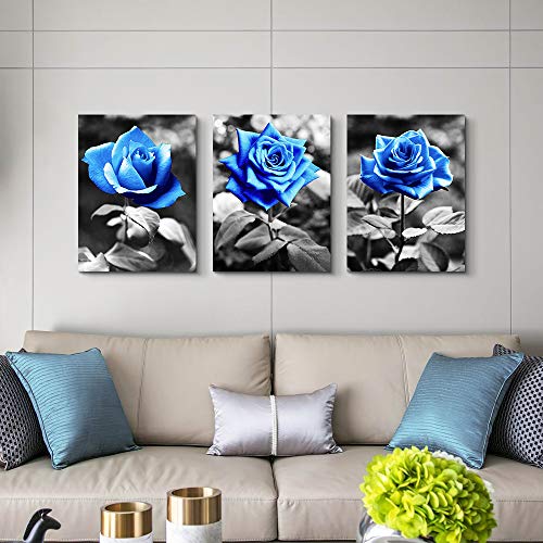 DZRWUBHS Large Wall Art For Living Room Wall Decor For Kitchen Black And White Canvas Prints Pictures Artwork Blue Rose Flowers Wall Paintings Modern Office Bedroom Room Home Decorations 3 Pieces