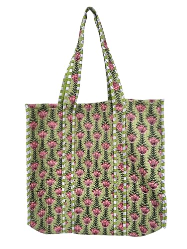 Image of Quilted Cotton Handprinted Reversible Large multicolor Floral Tote Bag,Hand Block Print Shopping Shoulder Carry Bag
