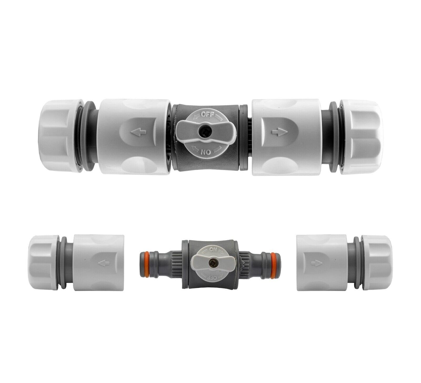 Garden Hose All Connectors Fittings Universal Standard Hozelock Valves Male Female Compatible White (in-Line Valve + 2 Connectors)