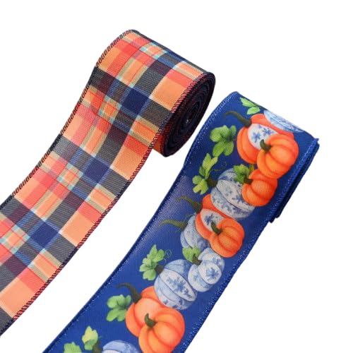 ShumKwin 2 Rolls 10 Yards Fall Wired Ribbons for Wreath Bows Wrapping Gifts, Blue and Orange Plaid Ribbon Autumn Pumpkin Wired Ribbon for Thanksgiving Party, Home, Festival Décor DIY Crafts 2.5"