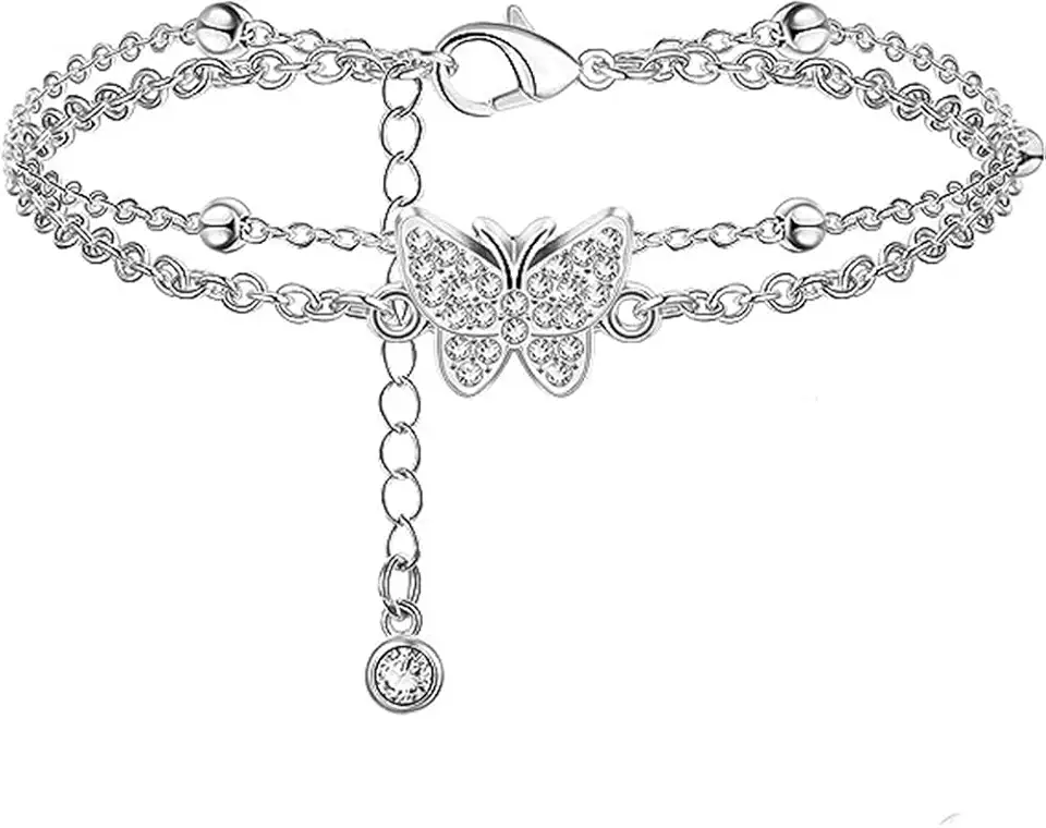 Azonee Adjustable Butterfly Layered Anklet Bracelet, Double Layer Diamond Beach Foot Jewelry for Women & Girls, Perfect Summer Accessory, 1Pcs