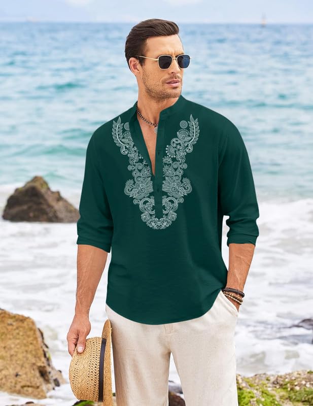 Image of FINIVO FASHION Men's Cotton Blend Short Kurta with Full Sleeves and Ethnic Neck Design | Casual Crinkle Texture Kurta with Mandarin Collar