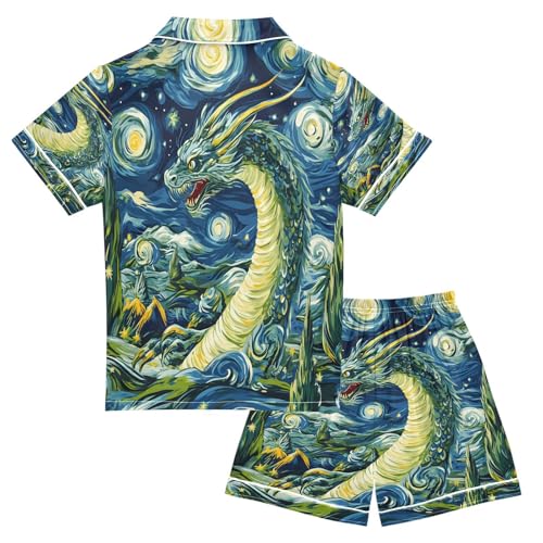 ALAZA Van Gogh Style Dragon Satin Pajamas Set Short Sleeve Button Down Sleepwear Summer Pjs 2 Piece2