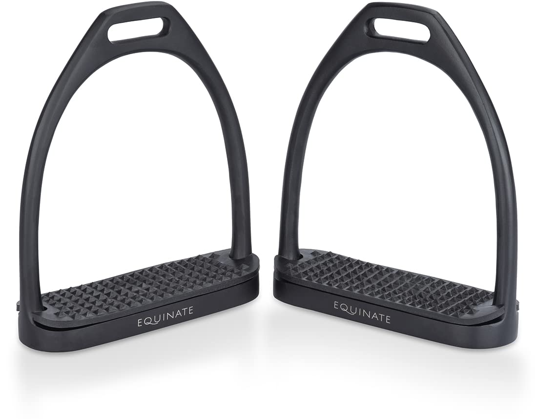 Equinate Steigbügel Midway 12cm Schwarz Matt - Mit Anti-Rutsch Trittfläche aus Gummi - Für Erwachsene und Kinder - 2 Stück