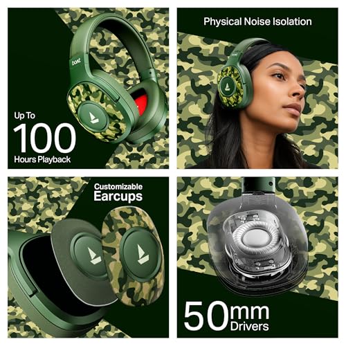 Image of Boat 2025 Launch Rockerz Plus 550 in Ear Bluetooth Headphones, Customizable Earcups, 100Hrs Playback, 50mm Drivers, Dual Pair, Bluetooth Headphones, Wireless Headphone with Mic (Green Militia)