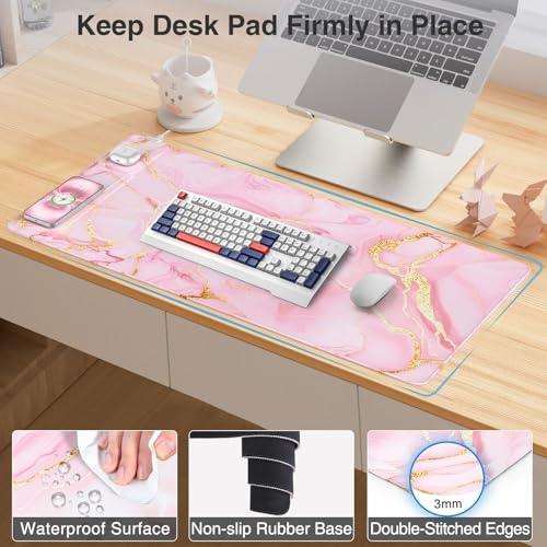 Image of Wireless Charging Mouse Pad with Foldable Phone Holder, 31.5 inchx15.8 inch Large Desk Mat for Laptop /Keyboard, Waterproof Ultra-Smooth Surface, Non-Slip Base, Pink Marble