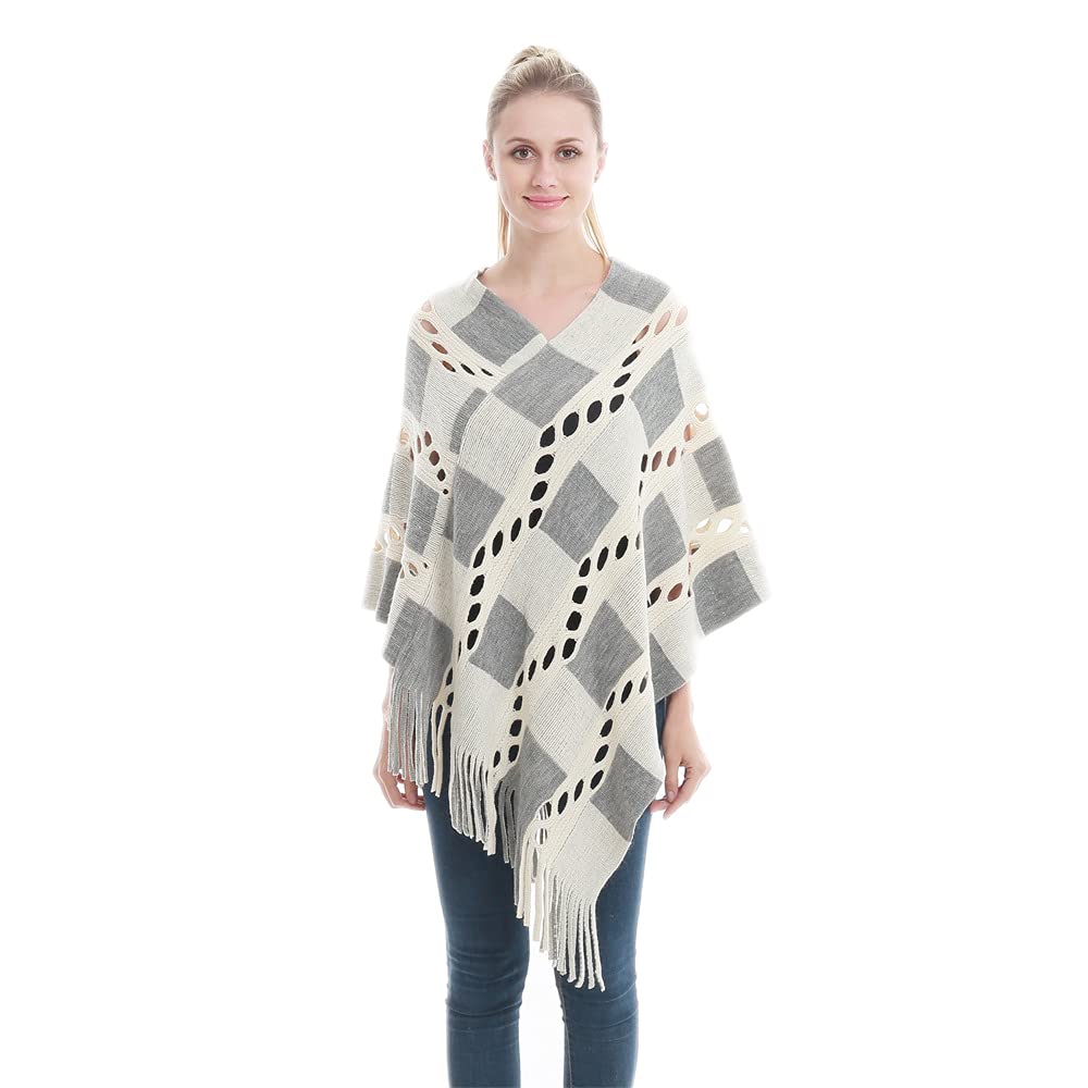 Winter Warm V neck Batwing Stripe Plaid Fringe Tassel Hollow out Cloaks Poncho Wrap Shawl Sweater Cape Top