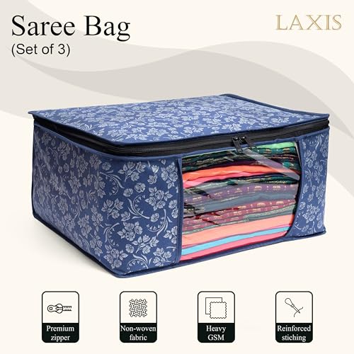 LAXIS® Saree Covers With Zip Non-Woven Printed Saree Cover/Saree Organizer For Wardrobe/Cloth Storage With Transparent Window/Saree Bags Storage/Clothes Organizer (Blue- Pack of 3)