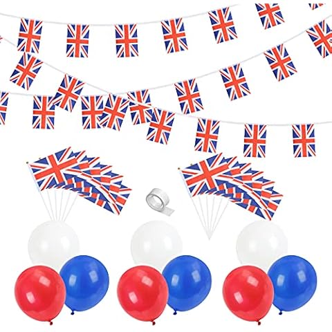 KATOOM Union Jake Party Set,10M*30 British Bunting Banner,10pcs Hand-cranked British Flag,30pcs Red/White/Blue Balloons with Glue Dot for National Day VE Day Royal Themed Party Decoration Cover