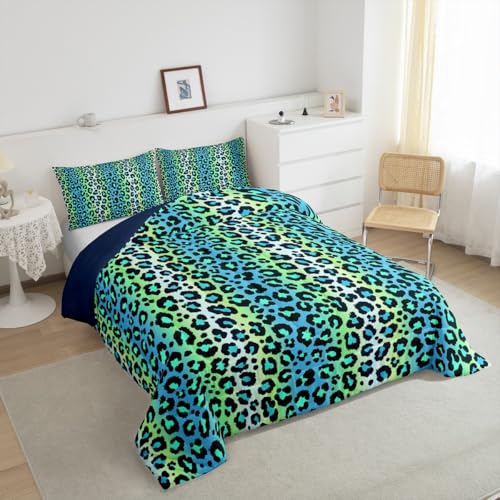 Image of Feelyou Leopard Bedding Set Blue Green Cheetah Print Comforter Safari Comforter Set for Kids Boys Girls Animal Fur Print Duvet Set Kids Room Decor with 2 Pillow Case