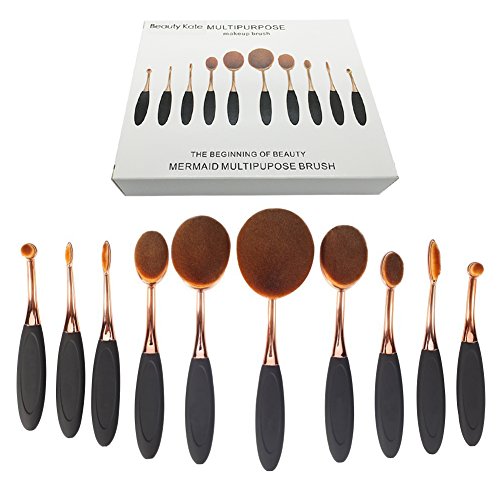 BeautyKate 10Pcs Oval Makeup Brushes Set Soft Professional Toothbrush Face Foundation Contouring Blending Eyeshadow Eyeliner Concealer Blush Cosmetic Brush Tool Kit Rose Gold Black
