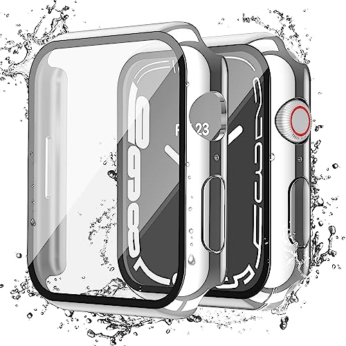 Image of Misxi [2 Pack] Waterproof Anti-Scratch Case with Button for Apple Watch Series 9 (2023) Series 8 Series 7 41mm, Hard PC Cover with Tempered Glass Screen Protector for iWatch, 1 Silver + 1 Transparent