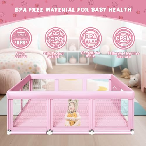 Image of Fshibila 74 inch x50 inch Large Baby Playpen, Baby Playard for Babies and Toddlers, Play Pens for Indoor & Outdoor, Sturdy Safety Play Yard with Soft Breathable Mesh, Anti-Fall, Pink