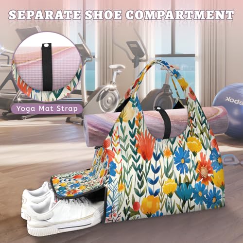 Yoga Bag for Women，Waterproof Polyester Gym Bag Detachable Strap,Shoe Pocket，Double Zipper,Plant Wildflowers Multi-color Duffel Bags4