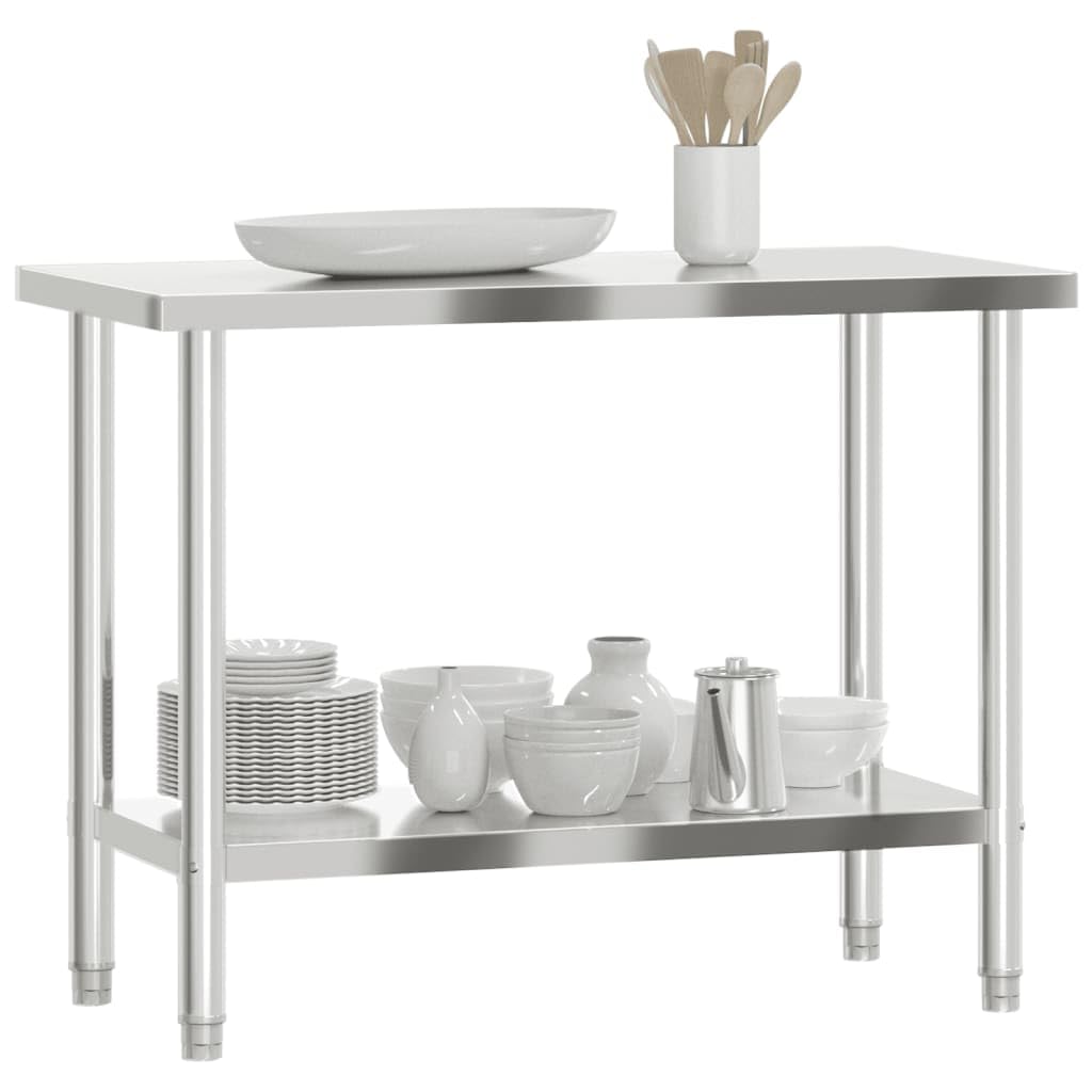 Mesa de trabajo de cocina de acero inoxidable, 110 x 55 x 85 cm, con encimera y estante, patas ajustables, ideal para suministros de gastronomía, gastronomía, restaurante, catering, hotel