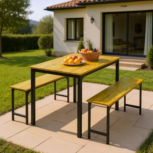 Ufurniture Dining Table & Chair Set of 3, Industrial Dining Table with 2 Benches for 4 Person, Space-Saving Nursing Reading Seat for Home Living Room Bedroom Kitchen Cafe, Walnut