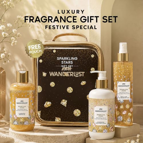 Image of Nykaa Wanderlust Rakhi Gift Set for Women - Sparkling Stars Fragrance Body Care Kit (700ml) | Shower Gel, Body Lotion, Mist with Free Pouch | Premium Luxury Raksha Bandhan, Festive & Birthday Gifting Combo