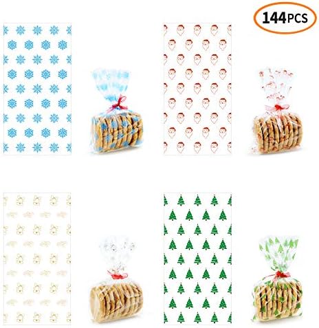 iFUNow 144 Pack Christmas Cellophane Treat Bags with Red Ribbons for Gift Bags, Christmas Cookie Bags, Christmas Cello Candy Bags, Xmas Goody Bags, Holiday Goodie Bags and Christmas Party Favors