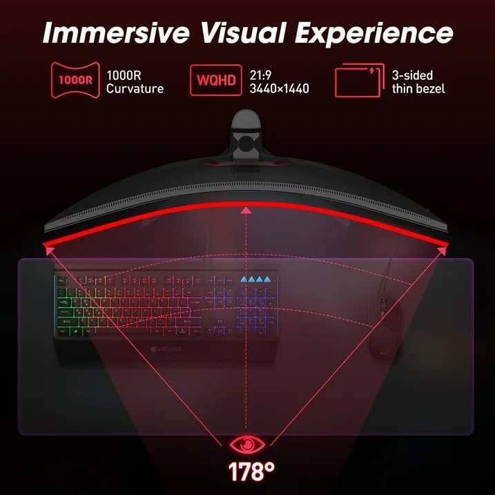 Image of KOORUI 34'' WQHD Curved Gaming Monitor, 180Hz Ultrawide Monitor, 3440x1440p 1ms(MPRT) HDR400, Black