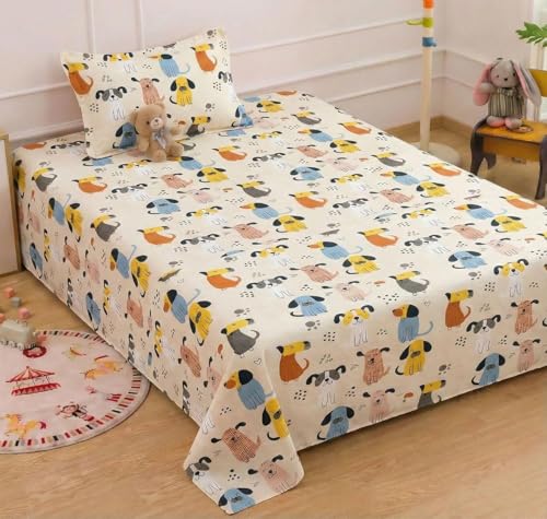 Image of RD FABS Glace Cotton Wrinkle Free Soft Hypoallergenic Single Bed Sheet with 1 Pillow Cover | Cartoon Printed Kids Bedsheet for Boys & Girls Room | 60x90 Inches | Beige Dog Print | 144 TC