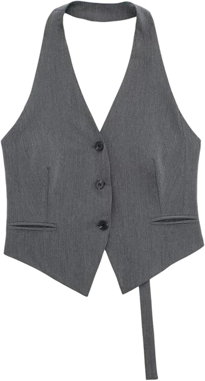 Women’S Suit Vest Neck Sleeveless Off Shoulder Solid Short Casual Backless Formal Vests Casual Dress Suit Vest Top