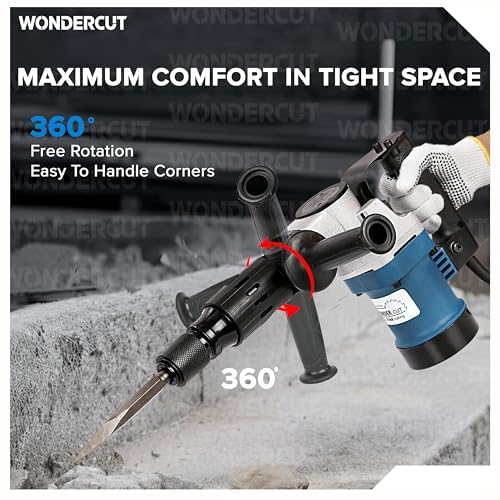 Image of WONDERCUT WC-DHP-005-B Demolition Hammer with 35mm Cylinder, 100% Copper, 15J Force | 1200 Watts, 3600 BPM with 2Pcs 17mm Hex Chisels,Spanner & BMC Box | Concrete & Masonry Breaker |Blue & Black