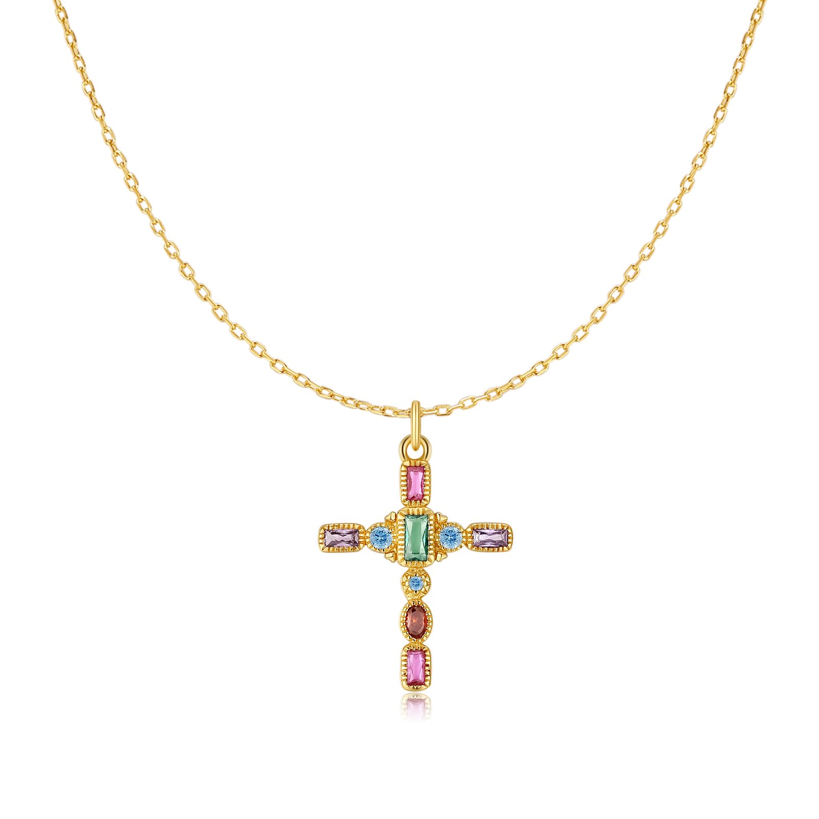 MARLION JEWELS Colgante de mujer original con forma de cruz y circonitas de colores. Cadena de plata para mujer, niña ideal para regalo del día de la madre, cumpleaños, aniversario. Joyería mujeres