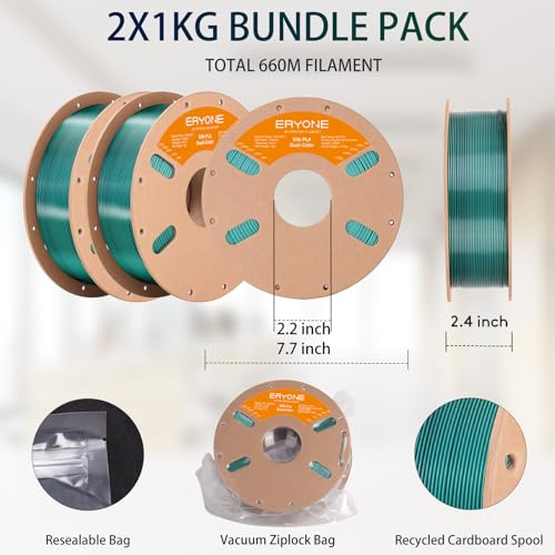 Image of ERYONE Silk Dual Color PLA Filament 3D Printer 1.75mm + /- 0.03mm, Bicolor Filament Two Tone PLA Bundle 2KG Cardboard Spool, Black Green