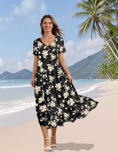 Image of YESNO Women's Summer Maxi Dresses Casual Floral Short Sleeve V Neck Boho Beach Vacation Swing Dress with Pockets EVF