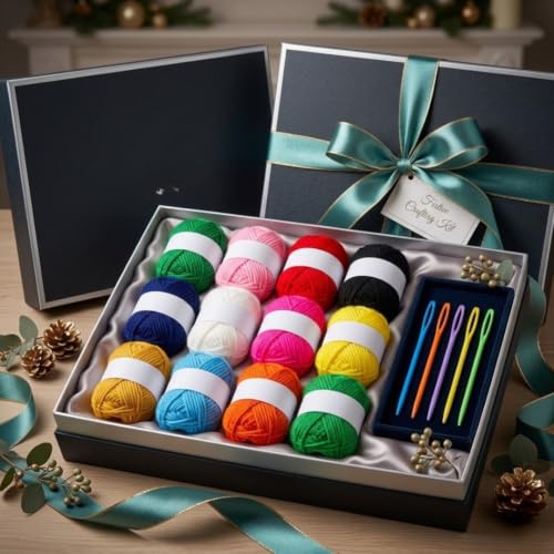 Image of 12 Color Wool Oon Yarn Balls Set with Plastic Needles for Knitting & DIY Crafts | Soft Acrylic Yarn for Beginners, Kids Craft Kit, Crochet & Embroidery Supplies