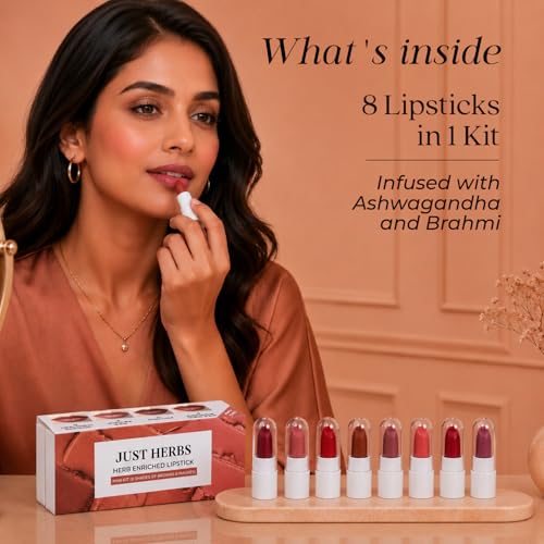 Image of Just Herbs Herb Enriched Lipstick Kit | 8 Creamy Matte Shades | Travel Friendly & Richly Pigmented | Infused with Ashwagandha, Brahmi & Castor Oil | Curated for Indian Skin Tones (Browns & Mauves)
