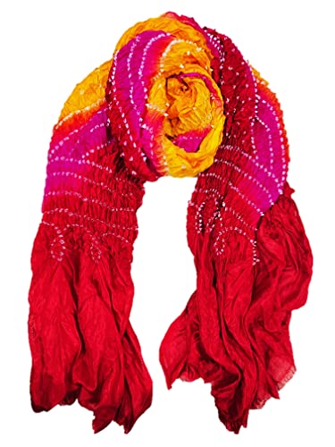 Image of PK HUB Women's Jaipuri Rajasthani Bandhani Dupatta | Art Silk Bandhej Dupatta with Gota Patti Work & Tassels (Free size)