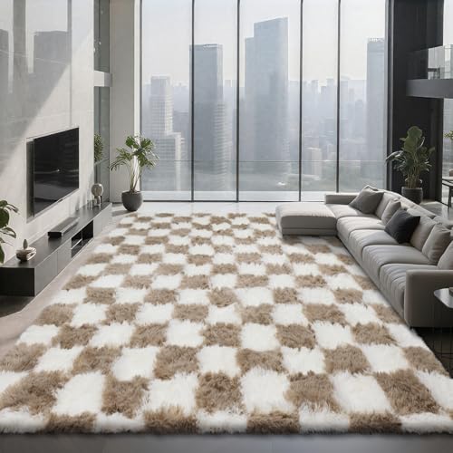 Large Shag Area Rug for Bedroom, 9x12 Ft Beige and