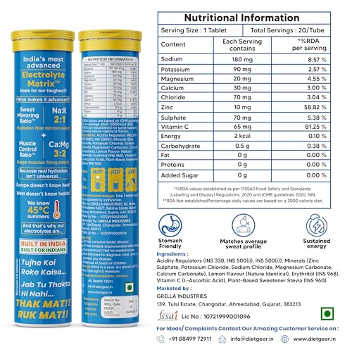 Image of DIET GEAR 0 Sugar, 0 Caffeine Instant 7 Electrolyte Drink Mix | Lemon | 5L /20 Glasses of CLEAN Electrolytes | Instant Daily Hydration for gym, Heat & Hustle | No BS: No Maltodextrin, No Sucralose, No Artificial Sweeteners | Made in India