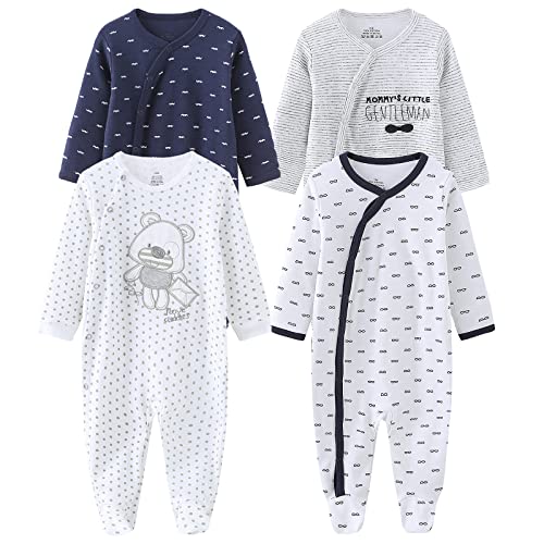 Image of MAMIMAKA Baby Boys Girls Footies One-Piece Romper Long-Sleeve Jumsuit Cotton Newborn Clothes Set 4-Pack, Baby Pajamas