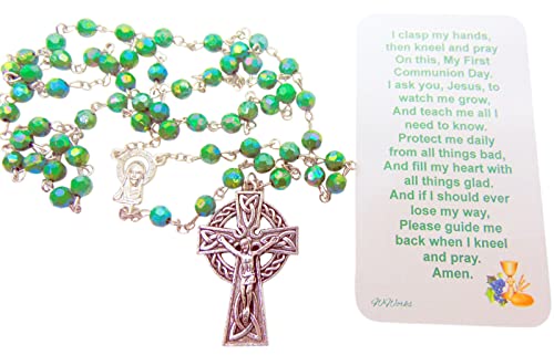 Alternative view of Westmon Works First Communion Rosary Irish Edition Set with Green Ireland Beads Metal Celtic Crucifix Holy Card and Carry Bag