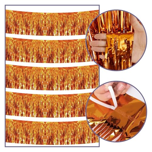 Image of 5 Pack 10 Feet Orange Foil Fringe Garland Tinsel Streamers for Parade Float Metallic Tinsel Fringe Banner for Birthday Party Decor Halloween Christmas Decoration (Orange)