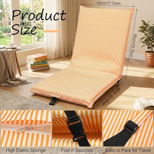 Image of Karenhi Folding Floor Chair with Back Support Adjustable Floor Chair Portable Ground Seating for Adults Padded Sleeper Bed Couch Recliner Gaming Meditation Living Room(Orange)