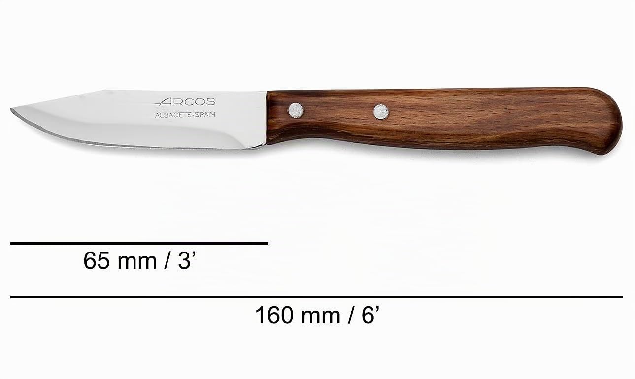 Arcos Serie Latina Caja 12 uds Cuchillo para pelar Mondador, Hoja de Acero Inoxidable NITRUM NITRUM de 65 mm, Mango de Madera comprimida Color Marrón (12 UDS)