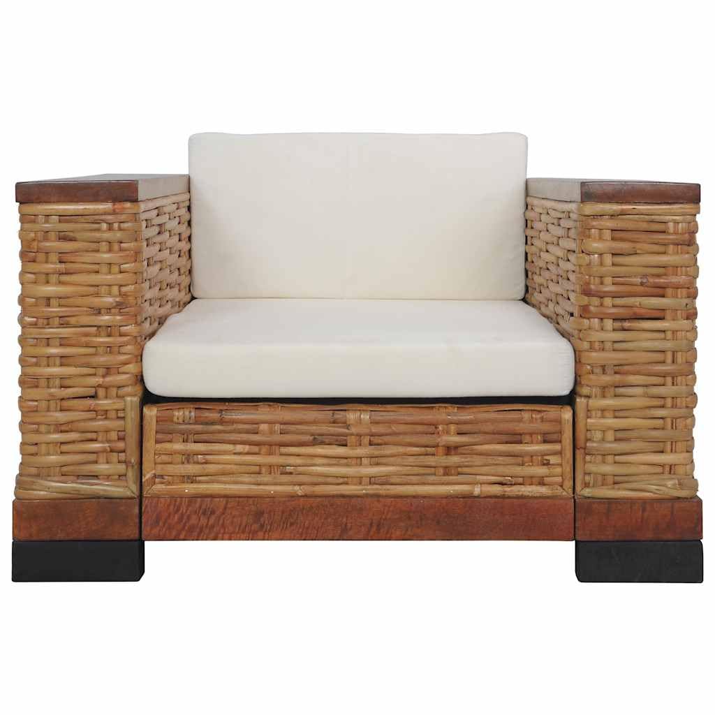 Poltrona in rattan con cuscino in rattan naturale e legno di mango, poltrona relax per soggiorno e giardino d'inverno, comoda poltrona in vimini con cuscino per seduta e schienale, marrone