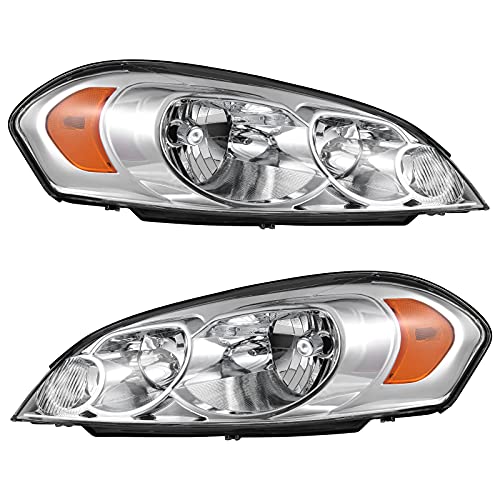 AUTOSAVER88 Headlight Assembly Compatible with 2006-2013 Chevy Impala 06 07 Chevy Monte Carlo Replacement Headlamp Driving Light Chrome Housing Amber Reflector Clear Lens 25958359 25958360