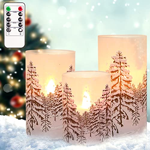 Image of Christmas Tree Flameless Candles with Remote Control & Timer Function, Real Wax Glass Candles, Home Party Wedding Holiday Xmas Decor, Set of 3